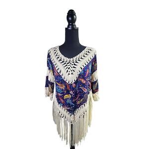🦃 Hippie Bohemian Long Fringe Top Blue Paisley Print Cream Crochet Knitted Top